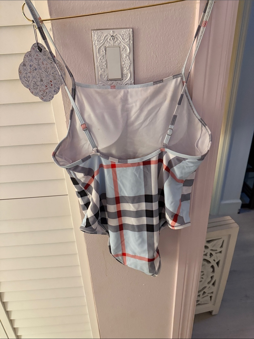 Burberry Light Blue Plaid One-Piece Swimsuit with Black and Red Stripes - Picture 2 of 3